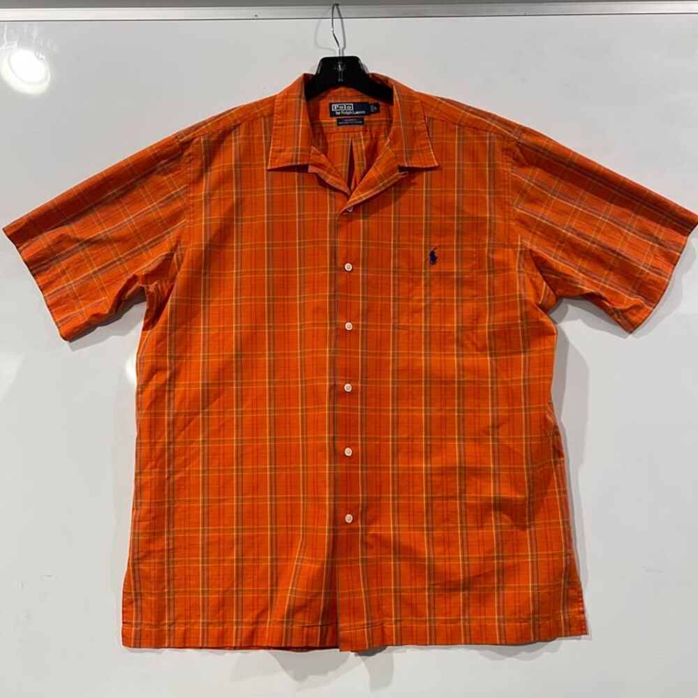 Vintage 90s Polo Ralph Lauren Orange Plaid Cotton Camp Collar Shirt - Size Large
